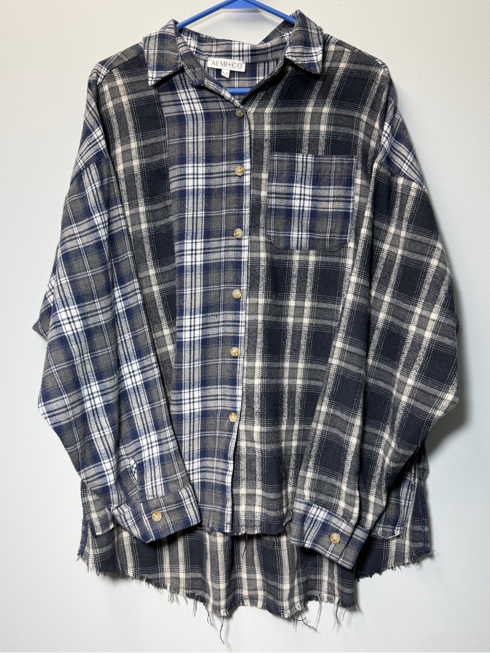 Grunge Blue & Black Distressed Plaid Flannel Uneven Frayed Hem Shacket Medium